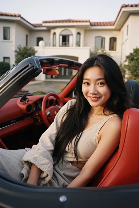 A 36-year-old female CEO takes a first-view selfie in the drivers seat of a convertible Porsche 911 in front of a luxury villa in Los Angeles。Red interior 。Oriental woman with round face, full chest, long black hair 。Light makeup for plain skin、 wears casu...