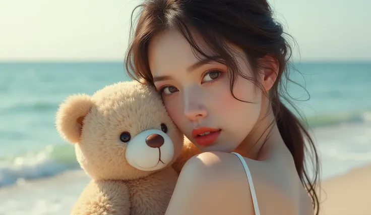 there is a woman holding a teddy bear on the beach, kawaii realistic portrait, hottie girl,  visual of a sexy girl, smooth cg art, artwork in the style of guweiz, portrait girl, portrait, beautiful portrait, beautiful girl,