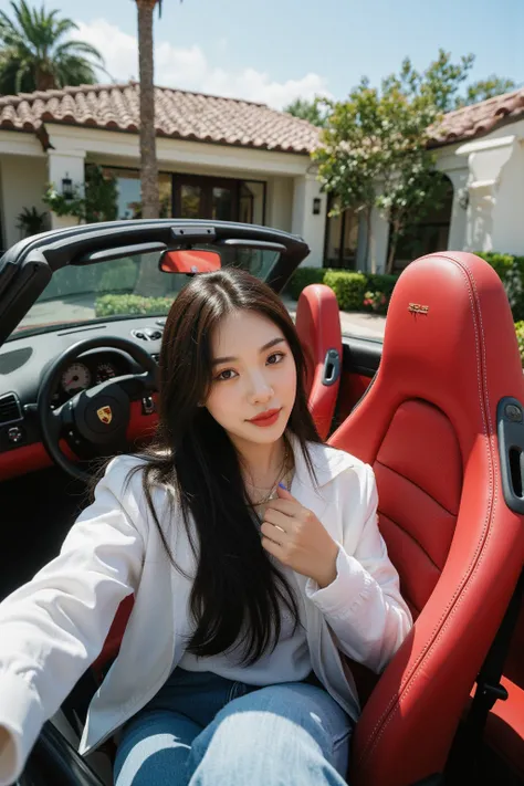 A 36-year-old female CEO takes a first-view selfie in the drivers seat of a convertible Porsche 911 in front of a luxury villa in Los Angeles。Red interior 。Oriental woman with round face, full chest, long black hair 。Light makeup for plain skin、 wears casu...