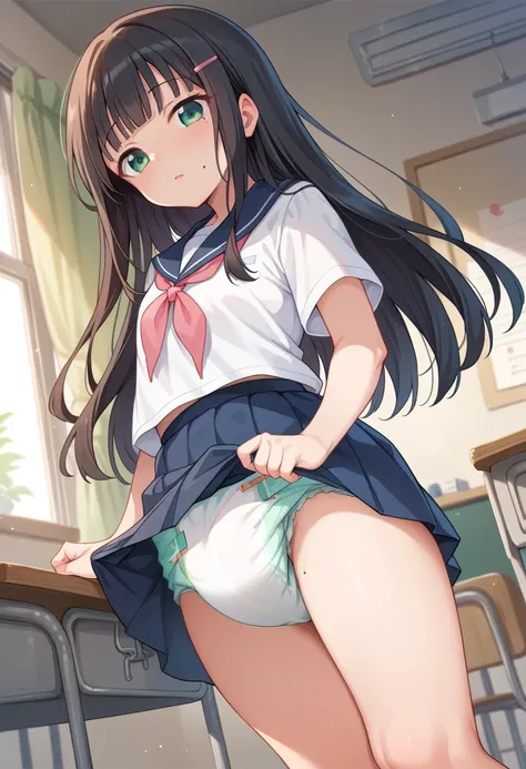 diaper　dia kurosawa, long hair, bangs, black hair, hair ornament, green eyes, sidelocks, hairclip, blunt bangs, mole, mole under mouth,　 skirt lift 　 open your crotch　 Shy 　classroom