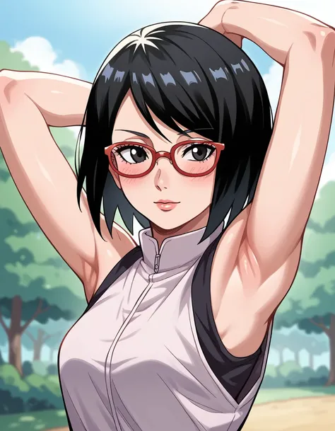 Boruto,(sarada uchiha, short hair, black hair, black eyes, red-framed eyewear, glasses, swept bangs,(Armpit:1.3)，(スチーム，スチームimg:1.1)， 赤いドレス,恥ずかしい