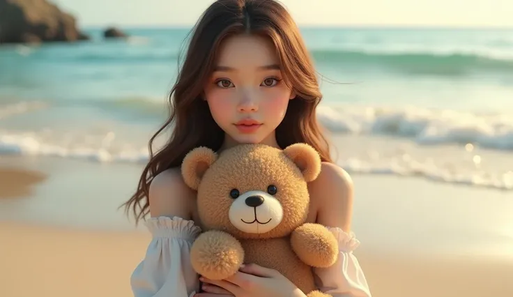 there is a woman holding a teddy bear on the beach, kawaii realistic portrait, hottie girl,  visual of a sexy girl, smooth cg art, artwork in the style of bob ross, portrait girl, portrait, beautiful portrait, beautiful girl,