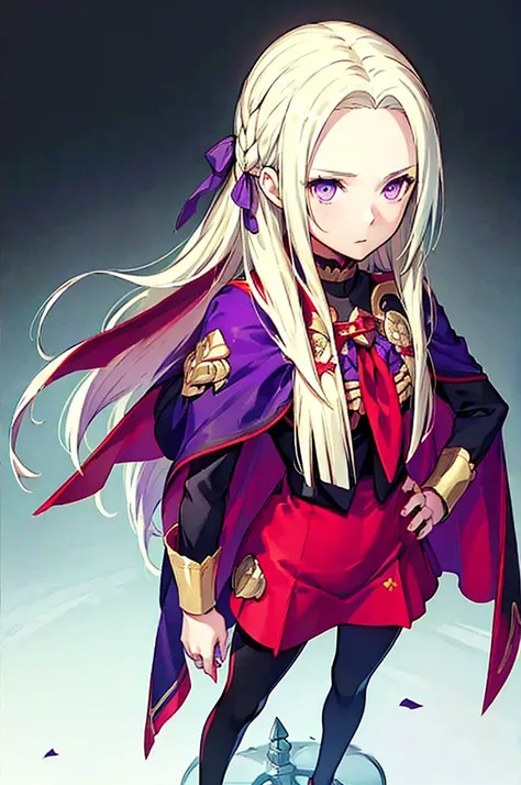 (masterpiece, Best Quality),   intricate detail ,
 1 girl,     Edelgard,  1 girl, Long Hair,  purple eyes, Alone,  watching viewers, Cape,  hair ornament, ribbon, uniform,  simple background,   hands on hips,  is standing, red pantyhose, garreg mach monast...