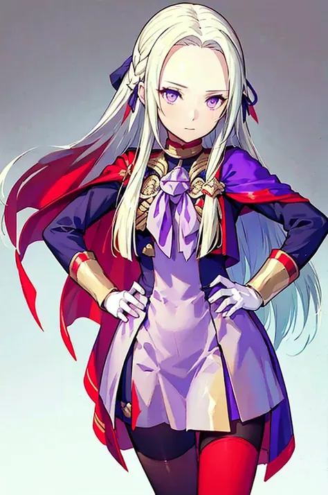 (masterpiece, Best Quality),   intricate detail ,
 1 girl,     Edelgard,  1 girl, Long Hair,  purple eyes, Alone,  watching viewers, Cape,  hair ornament, ribbon, uniform,  simple background,   hands on hips,  is standing, red pantyhose, garreg mach monast...