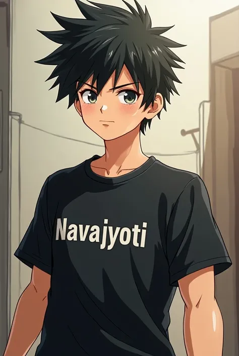 A  anime boy were a shirt written navajyoti and mid thin powerfull body with very short hair a dimond face shape 
