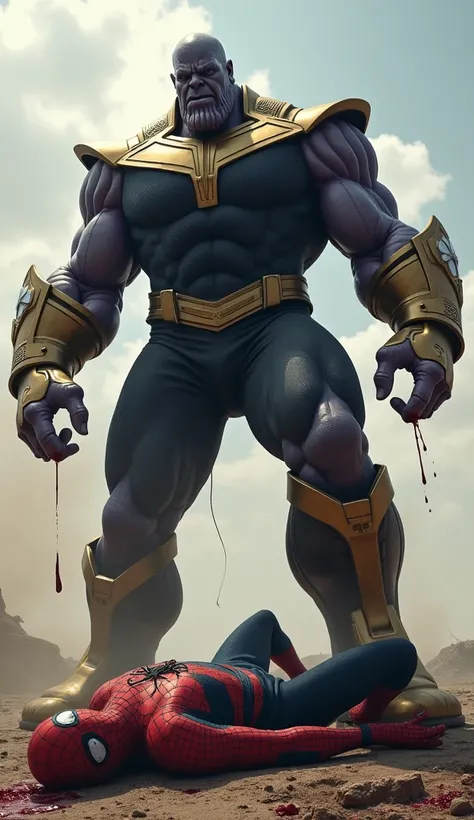 A dead spider-manis lying on the ground Both are bleeding from their mouths and thanos is standing with one foot on top of the thanos size bigger then spide-man.