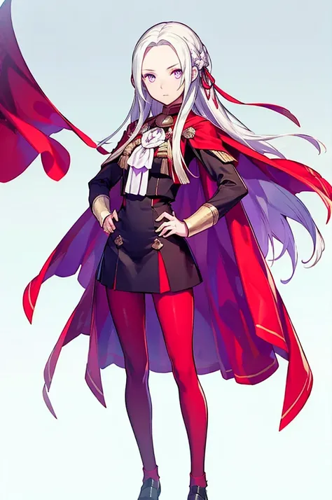 (masterpiece, Best Quality),   intricate detail ,
 1 girl,     Edelgard,  1 girl, Long Hair,  purple eyes, Alone,  watching viewers, Cape,  hair ornament, ribbon, uniform,  simple background,   hands on hips,  is standing, red pantyhose, garreg mach monast...