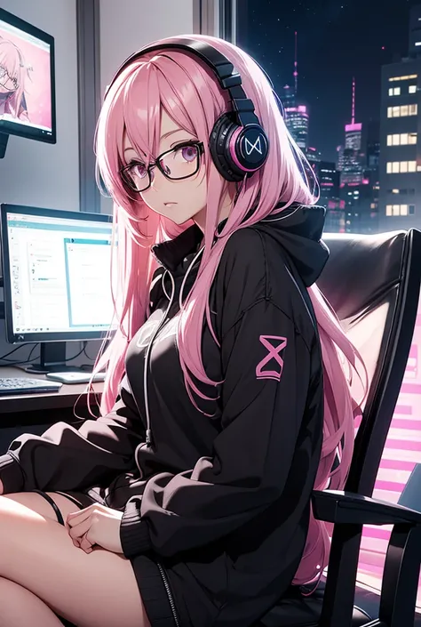  anime pink hair she has glasses, beautiful headphones and black clothes and is sitting on a chair in front of the computer, night is playing outside the window ,  and there is a dark nightscape in the room 