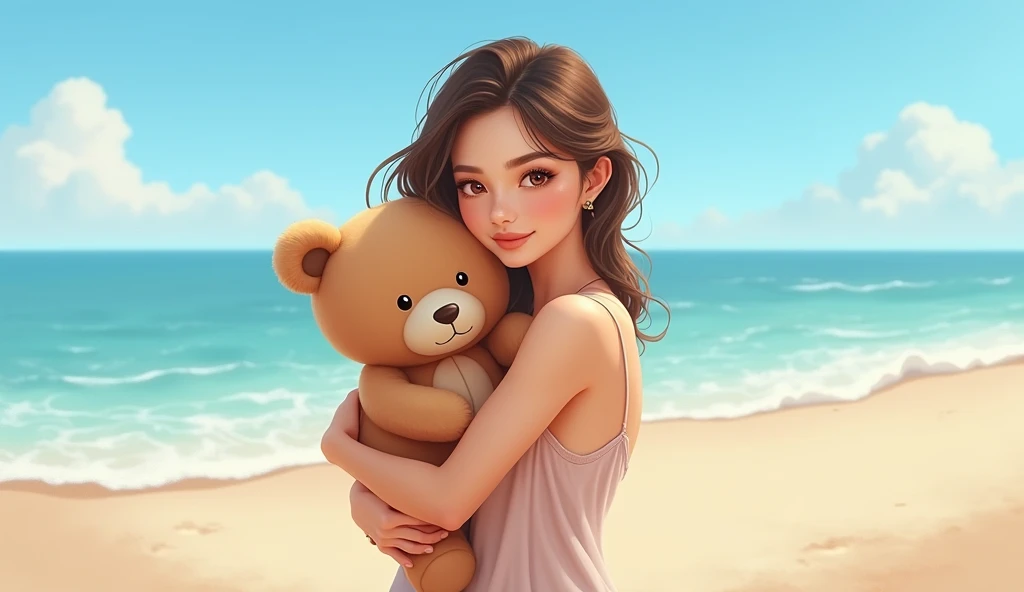 there is a woman holding a teddy bear on the beach, kawaii realistic portrait, hottie girl,  visual of a sexy girl, smooth cg art, artwork in the style of bob ross, portrait girl, portrait, beautiful portrait, beautiful girl, american native