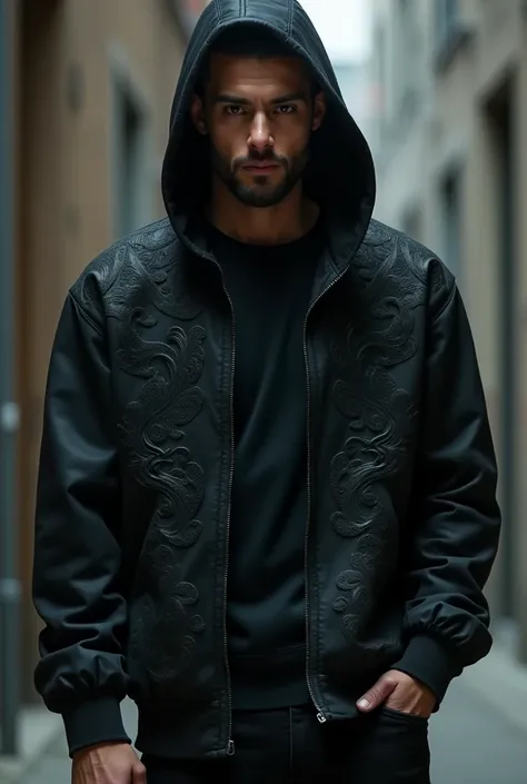 27-Year-Old Man Standing Up Wearing Black Embossed Hoodie Jacket "grab"