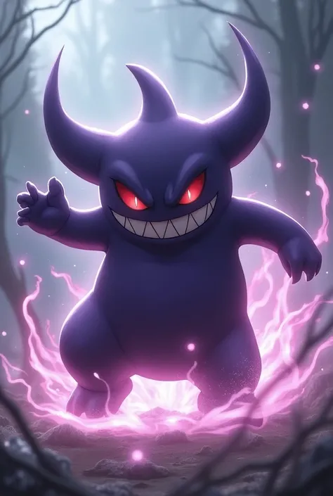  Generate the image of Pokemon Gengar , (purple monster )  with wallpaper quality ,  in a scene creating a shadow ball,  with many special effects , In an action scene , epic image, 4K quality, Perfect image,