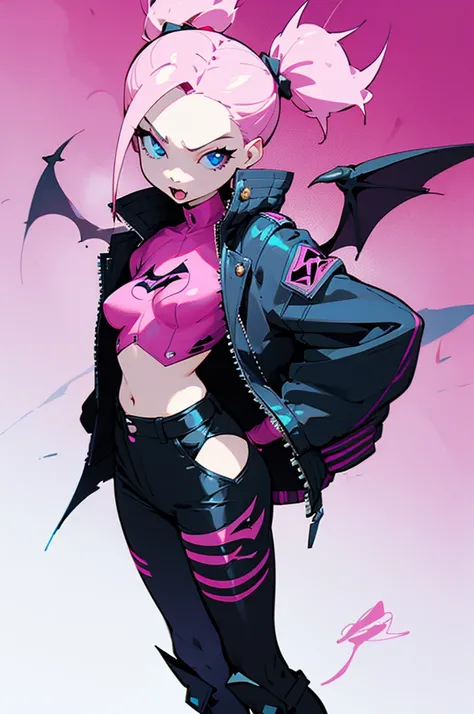 1girl, solo, breasts, a petite young girl, looking at viewer, pale skin, pink hair, twin tails, blue eyes, medium breasts, vampire fangs, bat wings, jacket, boots, cropped jacket, 

