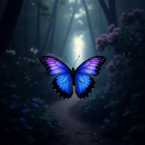 The image features a butterfly in flight, captured in an instant of intense light that highlights every detail of its wings, which display vibrant shades of royal blue and violet, with black edges that accentuate its silhouette. In the background, barely v...