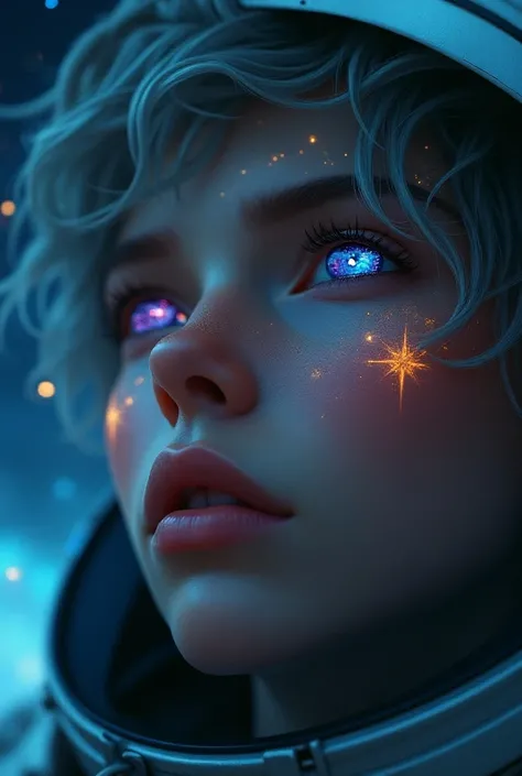 (Close-up of a better masterpiece:1.5)0.9], (Space and astronauts:1.2) (Messy silver hair:1.1) (Heterochromia xanthochromia and blue eyes:1.2) (Space Helmet:1.0) (Colored stars in the eyes:1.0) (A radiant glow:1.1) (thick lips:0.9)