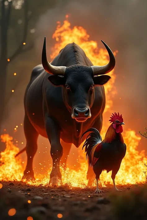  in a single image put a bull, a rooster and a realistic flame