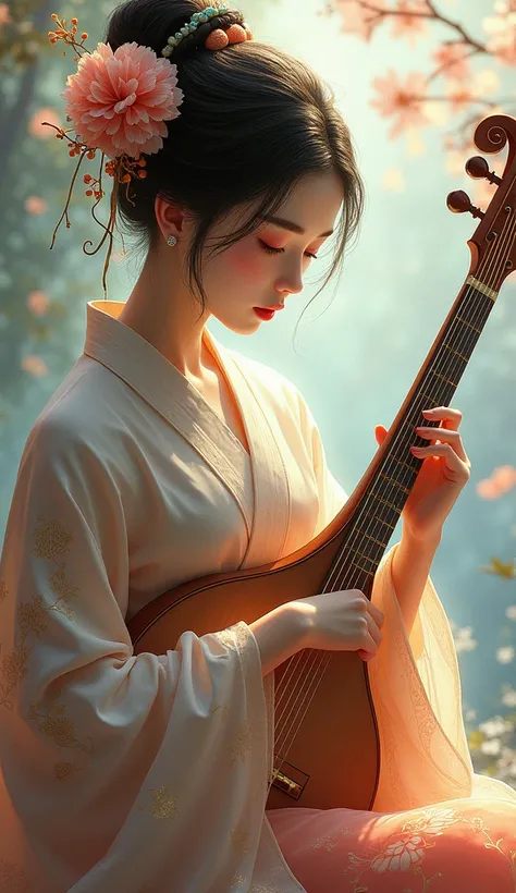 man playing zither and a flower in her hair,   exquisite digital illustration  ,  a beautiful art illustration ,  impressive digital illustration ,  beautiful digital artwork , Inspired by Yun Du-seo,  in digital illustration style , Chinese Empress, Geish...