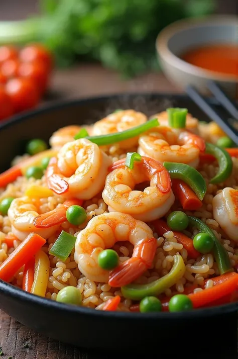 Tasty fried rice with shrimps and vegetables