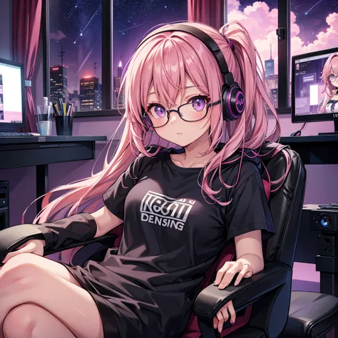  Adult anime girl with pink hair ,  she wears glasses and headphones , beautiful eyes and clothes ,  a beautiful black t-shirt and sits in a gaming and video game chair behind her laptop by the window, Night Stars ,  purple sky behind her 