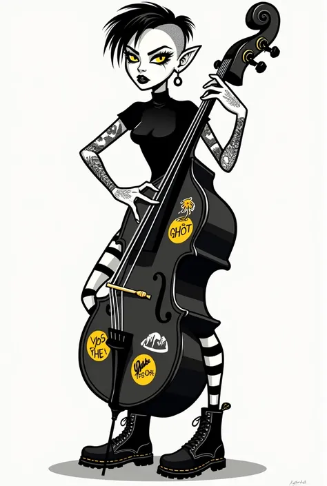 (bw vector illustration, vector style, horror cartoon style:1.4), (black and white and yellow, black inking, flat colours:1.5), gorgeous and lustful vampire female playing on big double bass, punky stickers on double bass, evil face, evil smile, cool pose,...