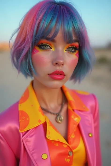  kawaii androgynous dressed in bright and short colored clothes from the 90s,  wearing bright colored makeup eyeliner eyeshadow with lipstick , freckles, shiny iridescent color short hair 