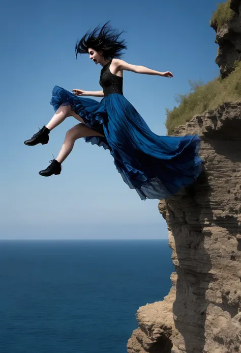 sexy princess with a dark past decides to end her voyage with a jump, Front view of ((Emo princess)) (((Jumping off cliff))), ((((falling)))), she has a long flowing dress