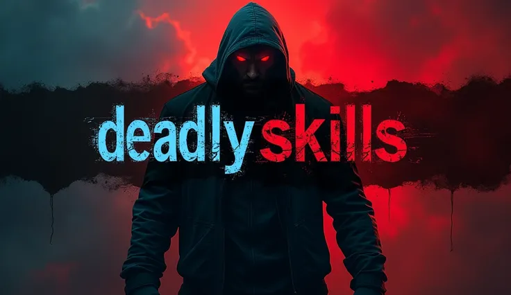 Create an image of a muscular, shadowed figure with glowing red eyes, facing forward. The background should be a gradient from deep black to dark red, giving an ominous, intense atmosphere. The text "DEADLY Skills" should be bold, with “DEADLY” in Blue wit...