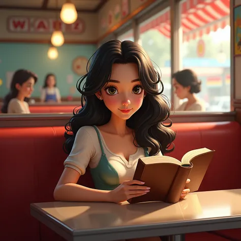 40-year-old woman with long hair and black eyes , roasted fine.  She is sitting in a diner reading a book.  Disney Pixar style .