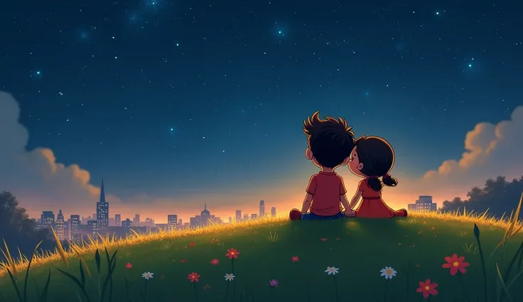 Final cartoon of Alok and Riya sitting together on a grassy hill, with the city in the background. They are looking at the stars, holding hands, symbolizing their journey ahead.