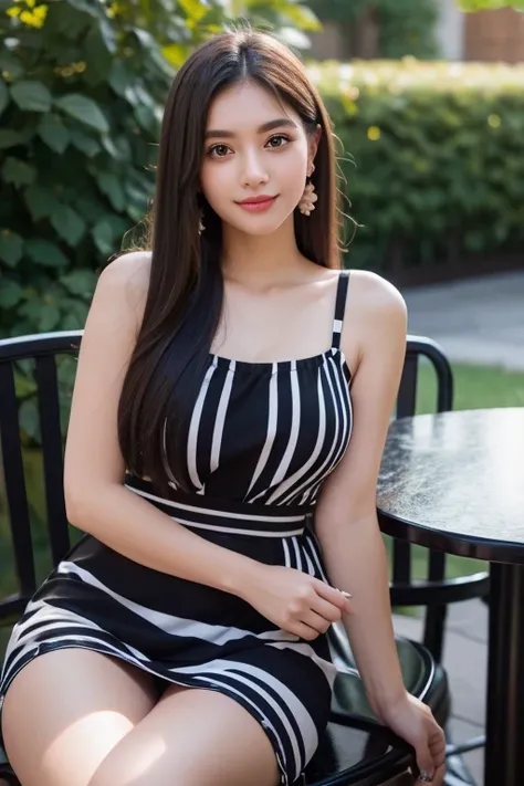 Beautiful girl looking at the viewer ,, wearing a dark white striped dress, a tight-fitting skirt,, clear white skin, soft cheeks, Smiling charmingly, seeing ,Sharp face, Brown eyes , Sitting in a cafe in a rose garden
Medium chest , earring, Long straight...