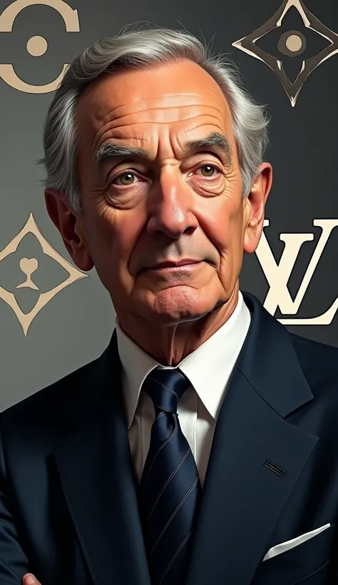 Draw a portrait of Bernard Arnault and a picture with the LVMH logo in the background