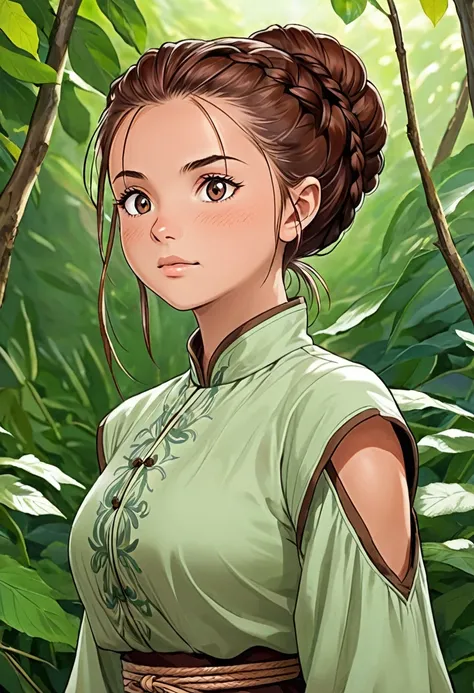 Nia Wingfeather is often described as having a graceful, warm presence, with a beauty softened by hardship but brightened by resilience. Her hair is a rich, chestnut brown, usually pulled back into a practical bun or braid, a few strands often escaping to ...