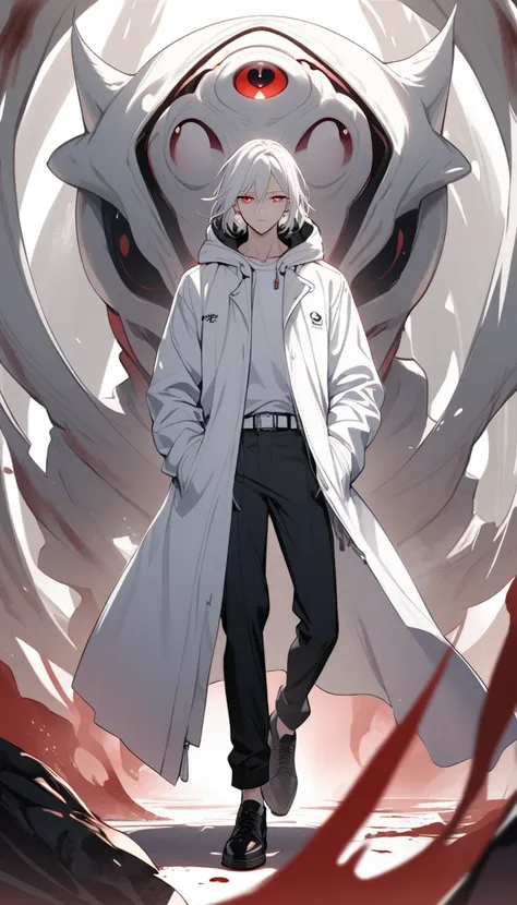 One man, handsome, white hair, monster eyes, red pupils, bloody tears, expressionless, white coat with hood, white shirt, black pants, white belt, black shoes, hands in pockets