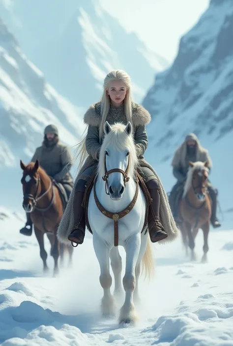 young girl, fine-looking , slim, white with a shade of pink , blonde, Deep blue eyes, beautiful,  long straight hair ,  medieval Nordic clothing ,  rides in a snowy landscape ,  about a white mare ,  she is escorted by two Viking guards on horseback.