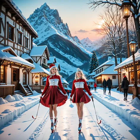 Masterpiece quality. 1 girl, extremely detailed red cheeks. small waist, light skin, luminous lighting. Christmas set, skirt, exquisite details. Intricately detailed. Clean skin, 1 young Moscow woman. (white hair), long hair. Snowy landscape, ice skating. ...