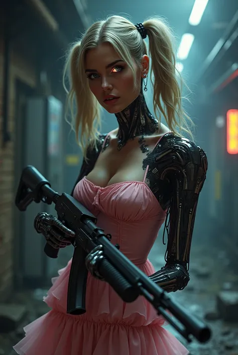 a female terminator greatly resembling Arnold Schwarzenegger as the terminator, battle damaged metal inner robot exposed, wearing a pink dress with pigtails, holding a shotgun, busty, glowing eye, (best quality,4k,8k,highres,masterpiece:1.2),ultra-detailed...