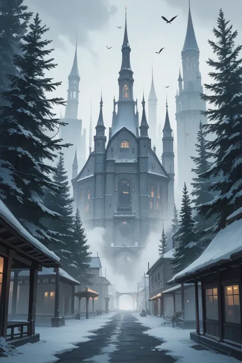  create a scenario where ,  at the end of a city ,  a fog almost leaves nothing to be seen ,  few buildings ,  and a gate to exit the city of Tolraim,  where after the gate there is a forest , Its February ,  a lot of snow and dark skies  (impressionist pa...