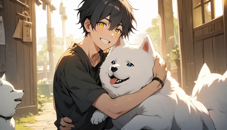  Yellow-eyed young man  ,  Black Hair  ,   Embrace a Samoyed and smile