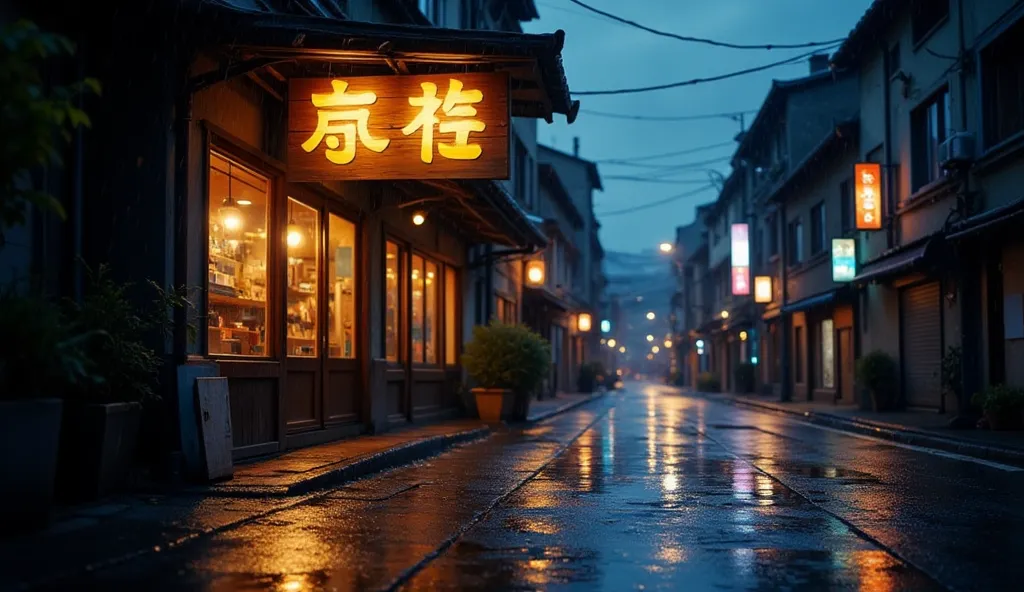 create a nighttime outdoor scene of a traditional japanese sushi restaurant during a light rain, with no people in the image. th...