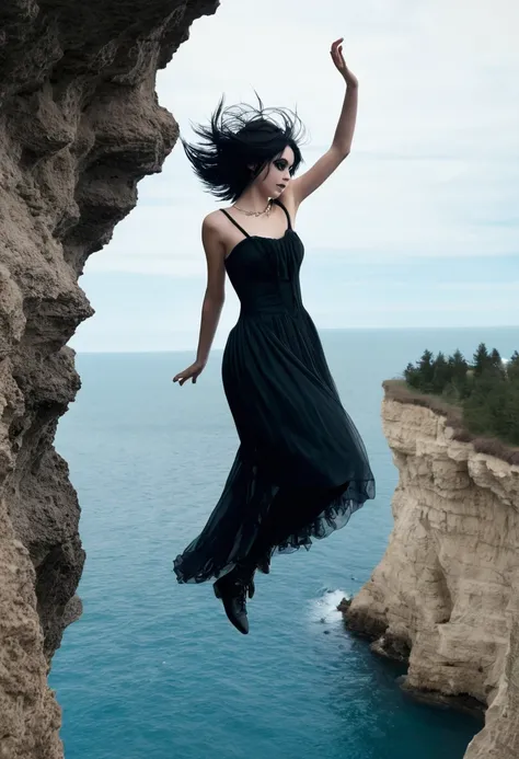 sexy princess with a dark past decides to end her voyage with a jump, Front view of ((Emo princess)) (((Jumping off cliff))), ((((falling)))), she has a long flowing dress