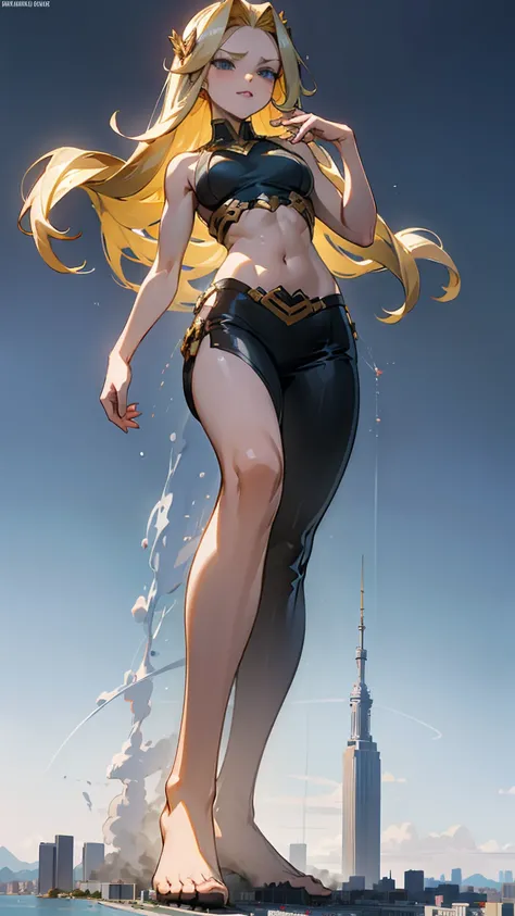 ((full-body shot, standing, feet on ground)) (high quality, masterpiece, ultra-detailed)), detailed cityscape background, seductive and mature giantess with an alluring, confident expression. Blonde with subtle highlights, dressed in a stylish, fitted crop...