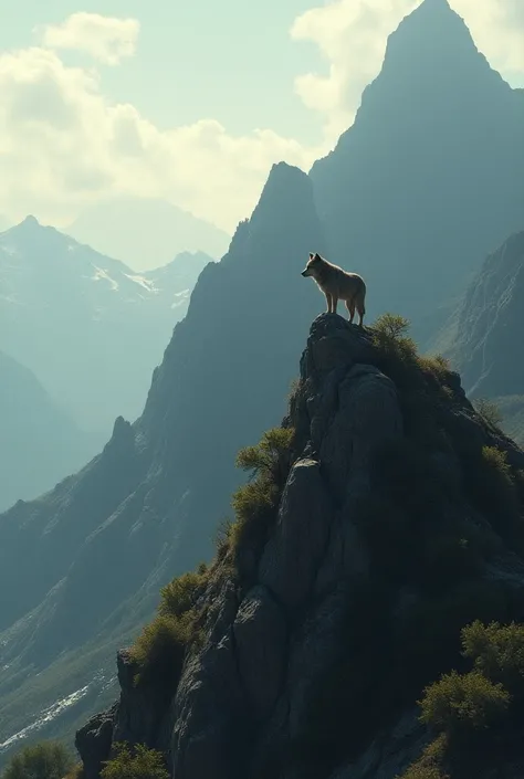  a lone wolf watching a fight between tigers and lions,  he observes from the top of a mountain , with a calm look, and taking advantage of his freedom .