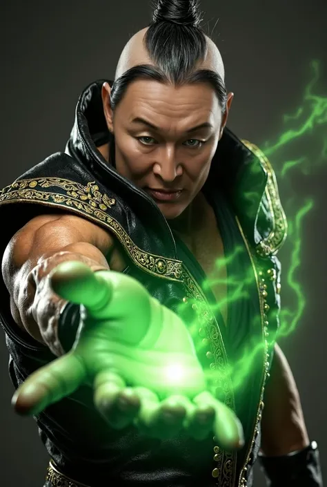  high detail ,  realistic, HDR,  Super clearly , 5D, 1800K , Ultra HD, High-Dynamic Range + Low Noise, The character from the game Mortal Kombat Shang Tsung, black sleeveless combat clothing with gold patterns, shoulder pads.  close-up, photo to the waist,...