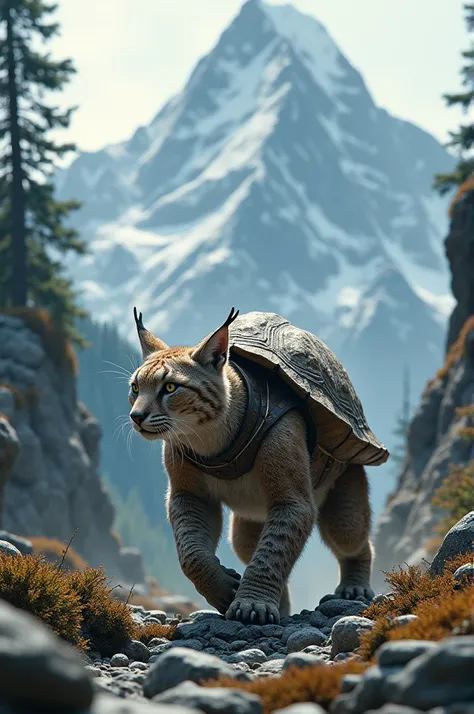 Lynx-Turtle: A stealthy lynx with the protective shell and slow-moving grace of a turtle, navigating through mountain terrain.