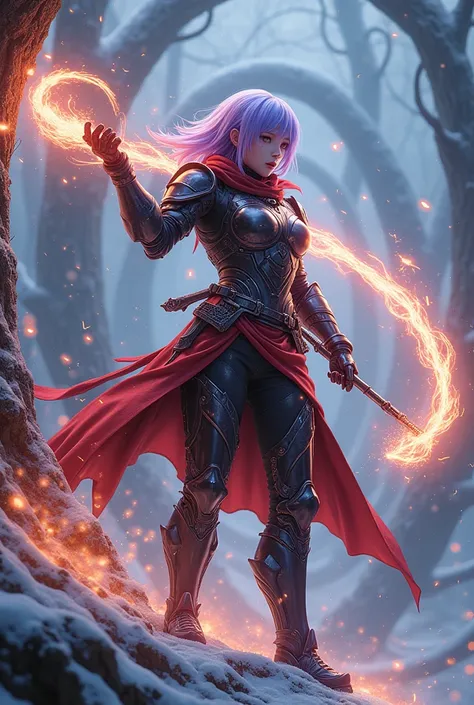 UHD 8K, assassin, Young Korean guy Bright light purple emo hair wearing iron metal armor suit shiny black red ninja like ninja character Blade , is standing on a high tree shoot snowy sky at night with down burning lighting hot element weaponry in hand a l...