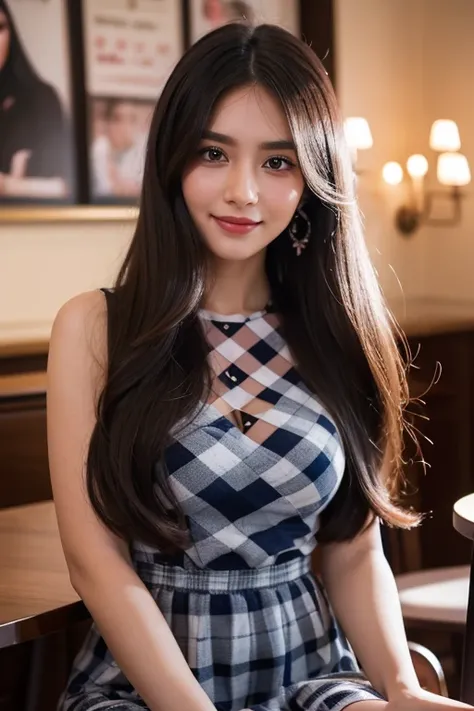 Beautiful girl looking at the viewer ,Wear a dark blue checkered dress, a tight-fitting skirt,, clear white skin, soft cheeks, Smiling charmingly, seeing ,Sharp face, Brown eyes , Sitting in a cafe in a rose garden
Medium chest , earring, Long straight hai...