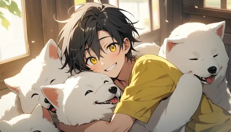  Yellow-eyed young man  ,  Black Hair  ,   One Samoyed hugging and smiling