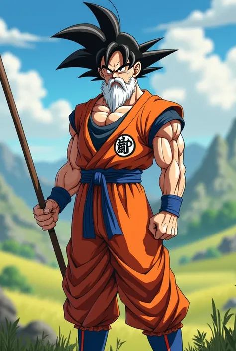 "Create a character that is a fusion of Goku and Master Roshi from Dragon Ball. This character should have Goku’s muscular physique, spiky black hair, and an orange martial arts uniform, combined with Master Roshis beard, sunglasses, and relaxed demeanor. ...