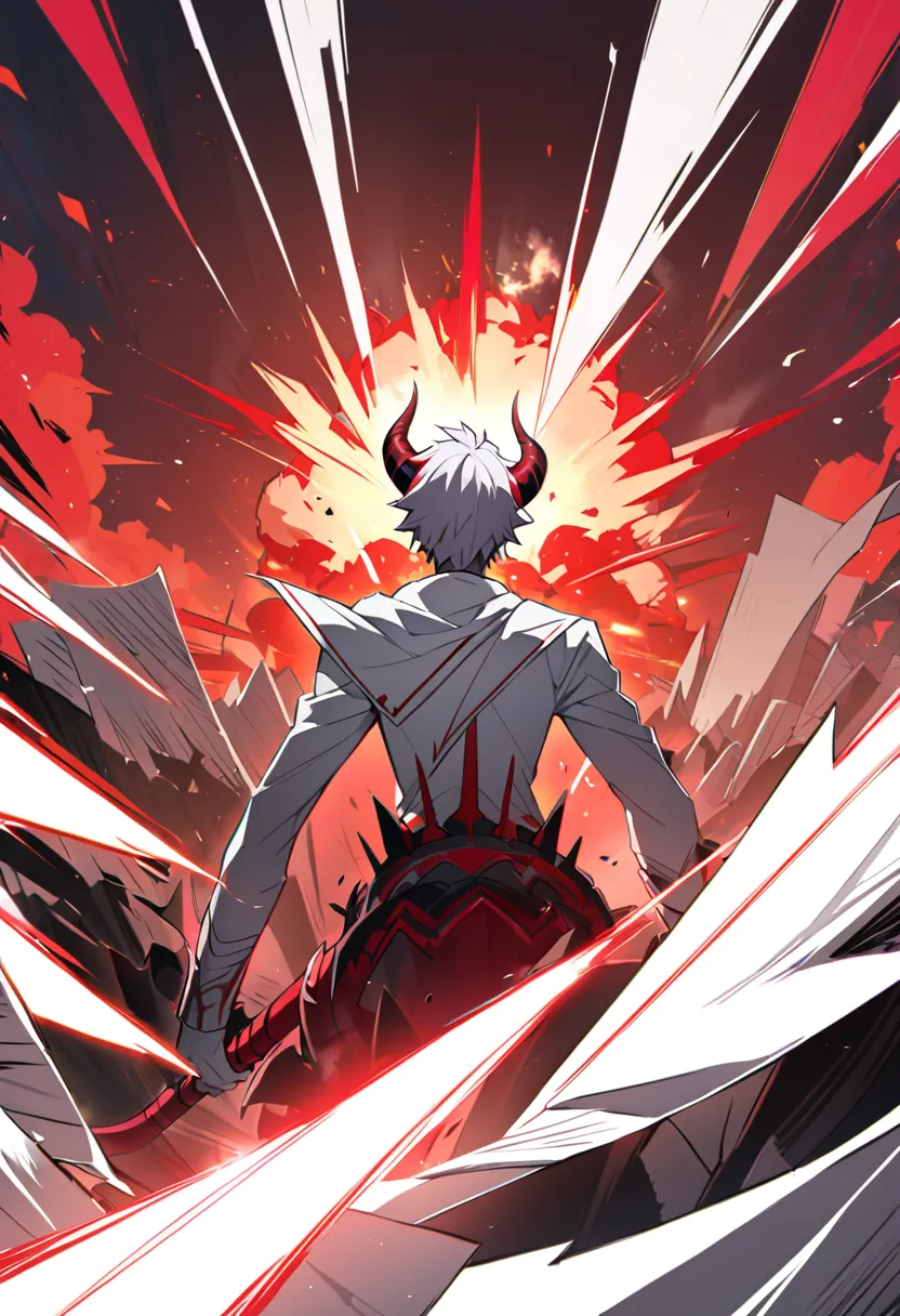 vasto lorde ichigo, ichigo kurosaki, shooting a red beam from his horn, horns are facing forth, paper white skin, paper white ho...