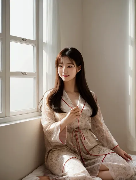 a beautiful korea woman sitting cross-legged at the end of the bed,big white window,curtain,a beautiful korea woman wear see-through pajamas and black begini,smile,sharp focus, The lighting in the image is a mix of natural light and shadows, creating a dap...