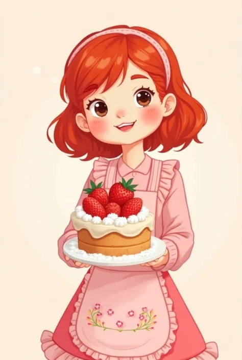 BRAND LOGO "NaClaraCakes "  with a girl with small red hair and wearing pink pastry clothes, holding a strawberry cake 